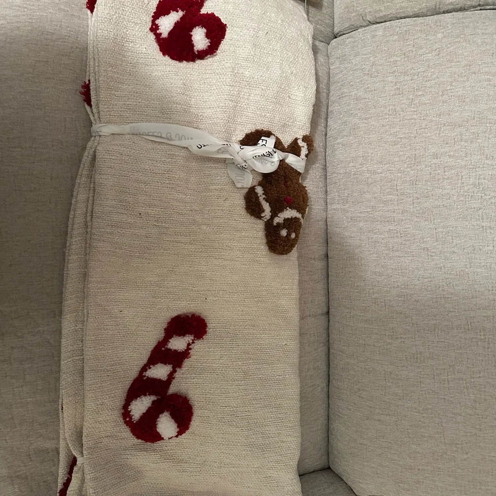 Festive Cream Gingerbread and Candy Cane Throw Blanket